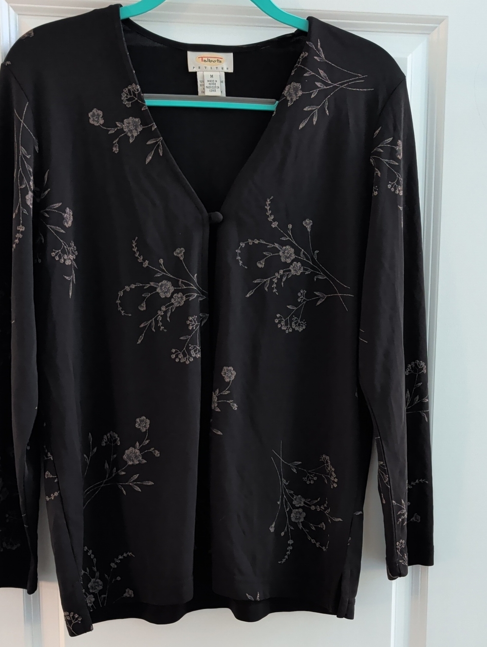 Talbots Black Long-Sleeve Floral Button-Front Top